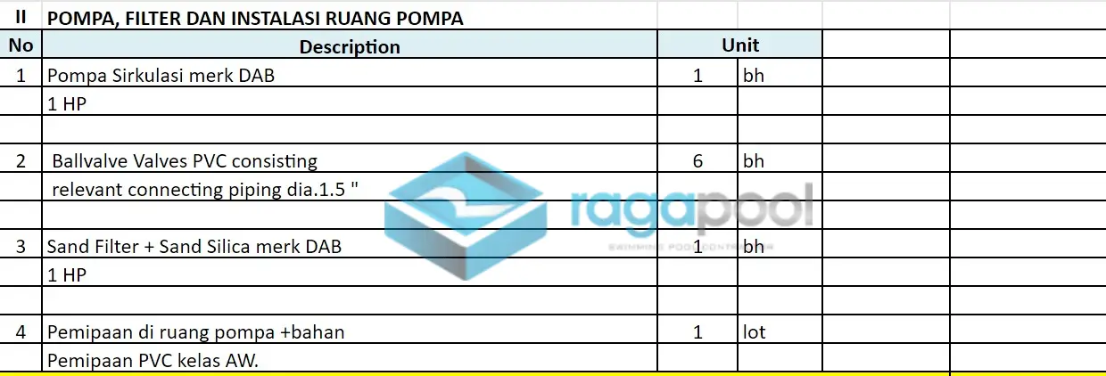 pompa filter dan instalasi ruang pompa overflow
