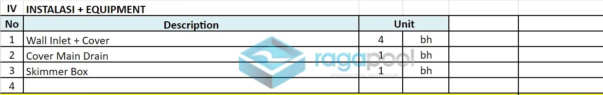 tabel instalasi dan equipment kolam renang skimmer