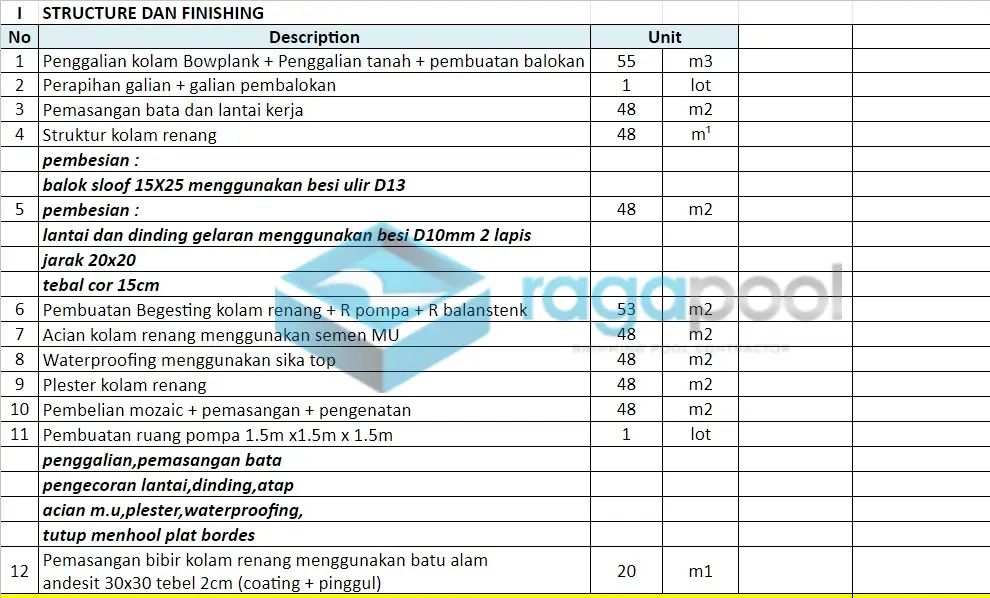 tabel spesifikasi kolam skimmer